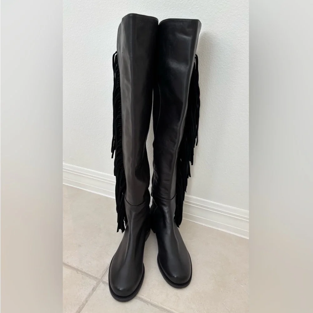 Stuart Weitzman Mane 5050 OTK Black Leather Boots NWOT Western Inspired Fringe 7